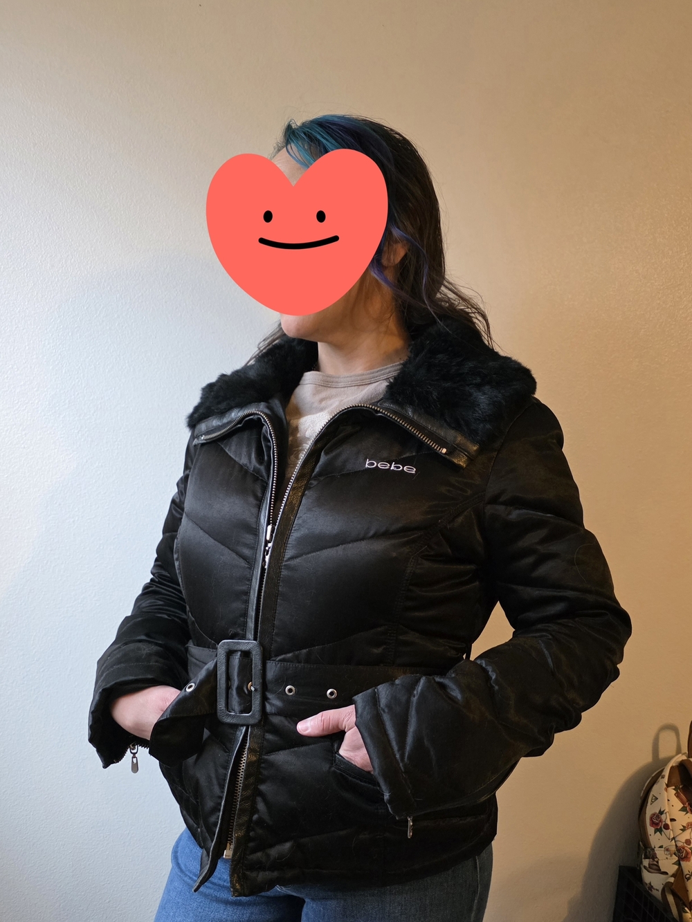 bebe Black Quilted Belted Down Puffer Jacket with Rabbit Fur Collar